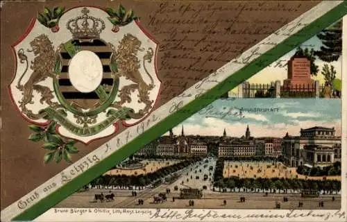 Präge Wappen Litho Leipzig, Augustusplatz, Napleonstein, Bruno Bürger 3405