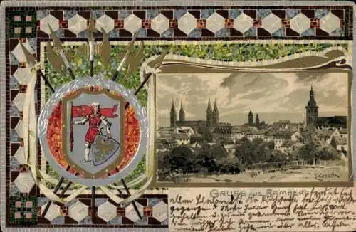 Präge Wappen Passepartout Künstler Litho Bamberg, Gesamtansicht, Ritter mit Schild