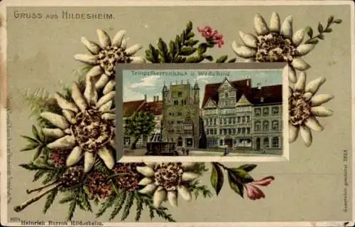 Präge Passepartout Litho Hildesheim, Tempelherrenhaus, Wedekindhaus, Edelweiß