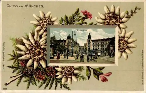 Präge Passepartout Litho München, Karlstor, Straßenbahn, Edelweiß