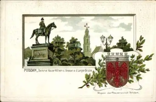 Präge Wappen Passepartout Litho Potsdam, Denkmal Kaiser Wilhelm der Große, Lange Brücke