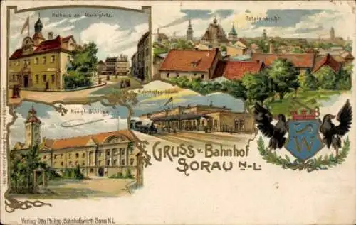 Präge Wappen Litho Żary Sorau Ostbrandenburg, Rathaus am Marktplatz, Kgl. Schloss