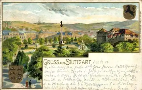 Präge Wappen Litho Stuttgart in Württemberg, Schlossplatz