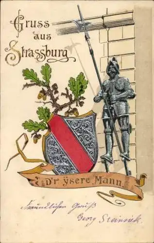 Präge Wappen Passepartout Litho Strasbourg Straßburg Elsass Bas Rhin, Ritter, D'r ysere Mann