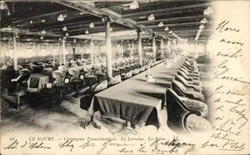 Ak Dampfer La Lorraine, Salon, CGT, French Line
