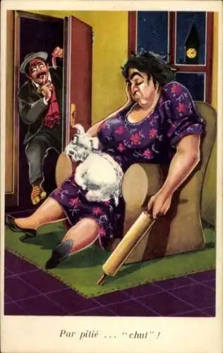 Künstler Ak Par pitié...chut, Humor, Mann kommt spät nach Hause
