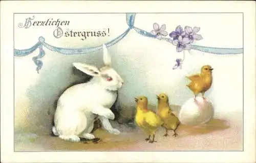 Ak Glückwunsch Ostern, Hase mit Küken