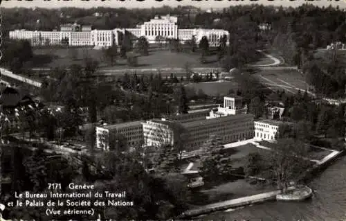 Ak Genf Stadt Schweiz,  Internationales Arbeitsamt und Völkerbundpalast (Luftaufnahme)