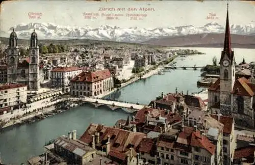 Ak Zürich Stadt Schweiz, Panorama, Glärnisch, Alpen, Todi, Böser Fauton, Pfannenstoge