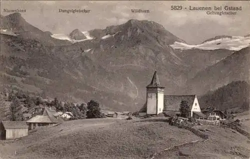Ak Lauenen Kanton Bern, Blick auf den Ort, Wildhorn, Dungelgletscher