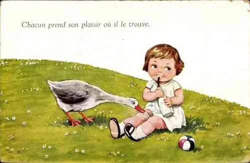 Künstler Ak Scheuermann, Willi, Kind mit Milchflasche auf einer Wiese, Gans