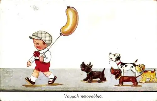 Künstler Ak Wills, John, Junge mit Luftballon in Form einer Wurst, hungrige Hunde