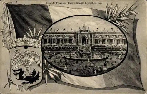 Wappen Ak Brüssel Belgien, Grande Terrasse, Exposition de Bruxelles, 1910, Fahne