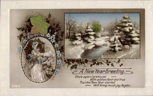 Präge Ak Glückwunsch Neujahr, Frau-Porträt, Tannenbäume, Efeublatt
