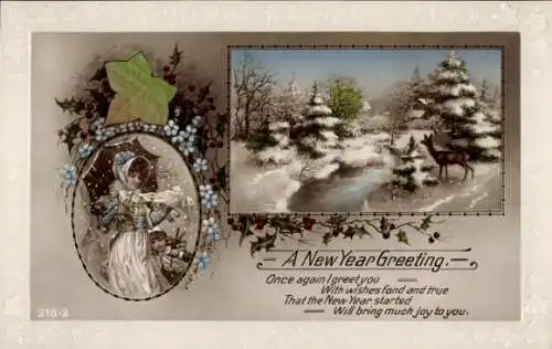 Präge Ak Glückwunsch Neujahr, Frau-Porträt, Tannenzweige, Efeublatt