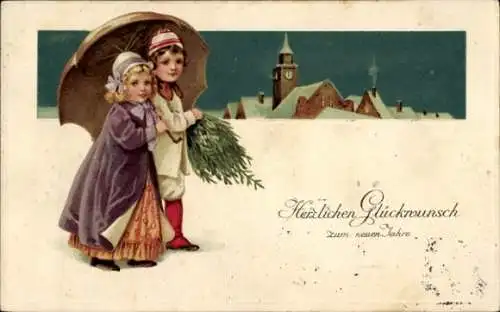 Präge Ak Glückwunsch Neujahr, Kinder, Tannenbaum, Regenschirm