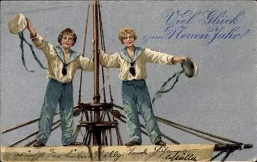 Litho Glückwunsch Neujahr, Junge als Marinesoldaten, Schiff