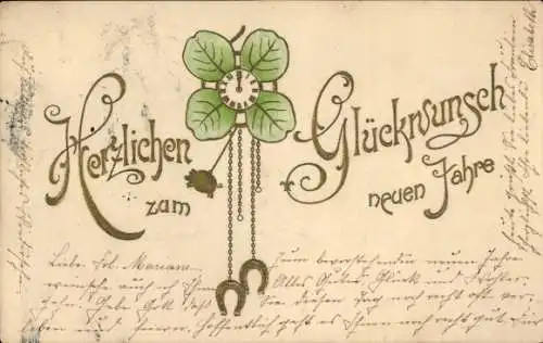 Präge Ak Glückwunsch Neujahr, Glücksklee, Hufeisen, Schwein