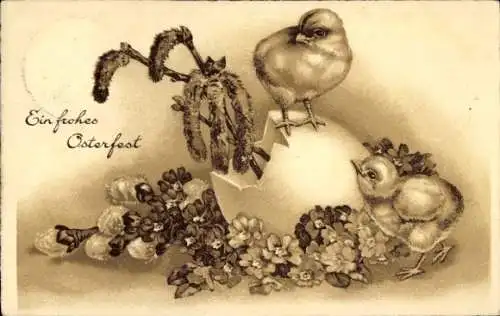 Ak Glückwunsch Ostern, Küken, Osterei, Blumen, Weidenkätzchen