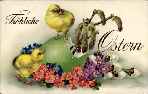 Ak Glückwunsch Ostern, Küken, Osterei, Weidenkätzchen