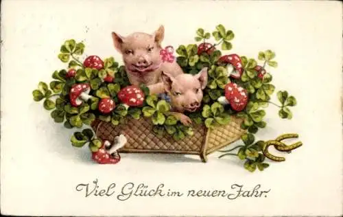 Ak Glückwunsch Neujahr, Schweine, Glücksklee, Hufeisen, Pilze, Korb