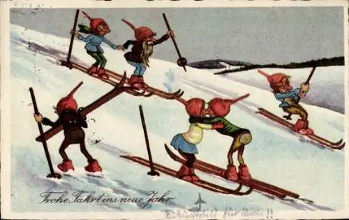 Ak Glückwunsch Neujahr, Zwerge fahren Ski, Liebespaar