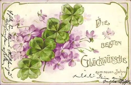 Präge Ak Glückwunsch Neujahr, Blumen, Glücksklee