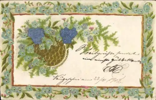 Präge Litho Blumen, Vergissmeinnicht, Kitsch
