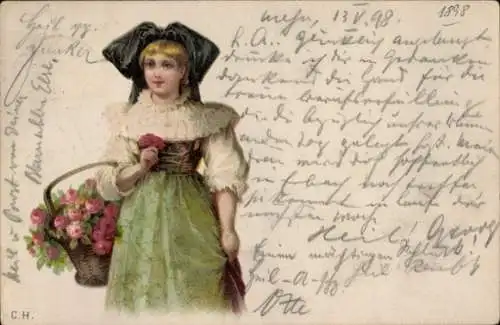 Litho Frau in Elsässer Tracht, Blumenkorb