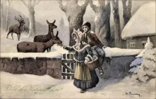 Künstler Ak Glückwunsch Weihnachten, Kinder füttern Rehe