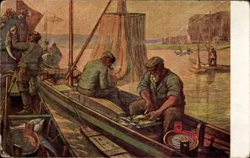 Ak Erfolgreicher Fischfang, Fischer im Boot, Fische