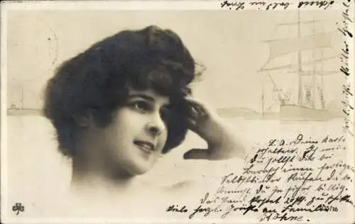 Ak Damenportrait, Segelschiff