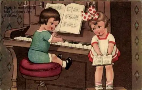 Ak Junge spielt Klavier, Singendes Mädchen, Noten