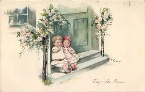 Künstler Ak Tage der Rosen, Zwei Kinder, Rosenstamm, Wohnhaus