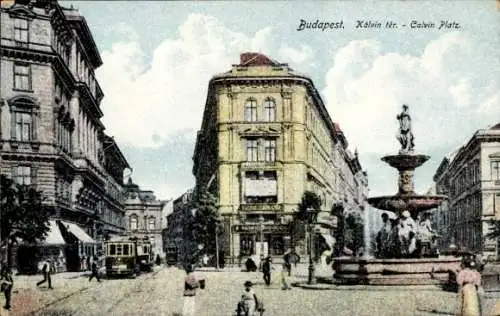 Ak Budapest Ungarn, Kalvin ter, Calvin Platz, Brunnen, Straßenbahn