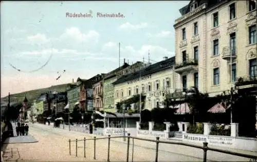 Ak Rüdesheim am Rhein,  Rheinstraße, Hotels, Restaurant, Straßenansicht
