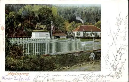Ak Mägdesprung Harzgerode am Harz, Zwei Gebäude, Zaun, Straße, Wald im Hintergrund, Kinder