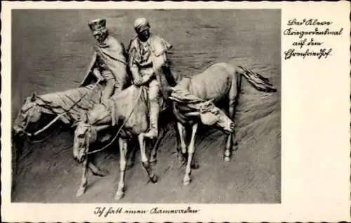 Ak Kleve am Niederrhein, Reiterdenkmal, Kriegerdenkmal, Ehrenfriedhof, zwei Reiter auf Pferden