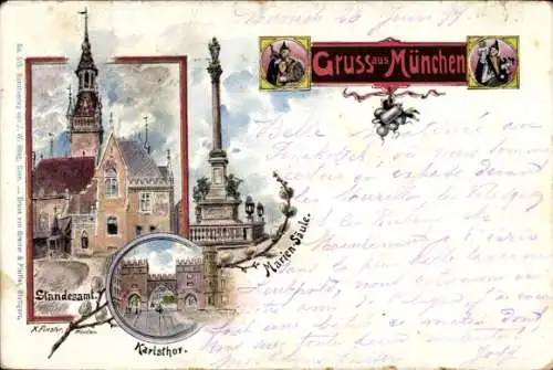 Litho München Bayern, Standesamt, Karlstor, Mariensäule, Kindl