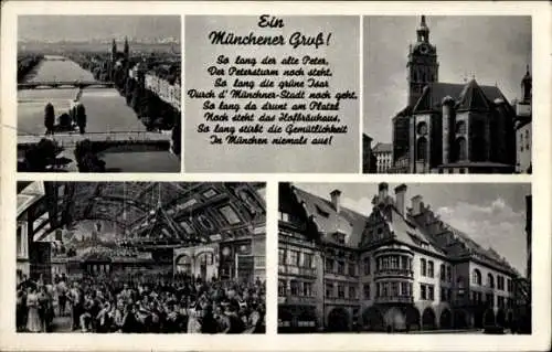 Ak München, Hofbräuhaus, Münchener Gruß, Alte Peter Kirche, Petersturm, grüne Isar, Hofbräuhaus