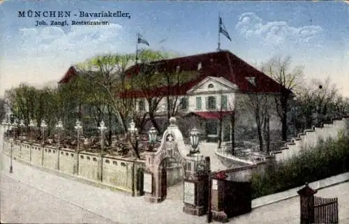 Ak München, Hofbräuhaus, Bavariakeller, Restaurant von Joh. Zangl, umgeben von Bäumen, Zäunen
