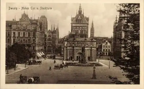 Ak Gdańsk Danzig, Hohes Tor, Stockturm, historische Architektur, Straßenansicht, Pferdefuhrwerke