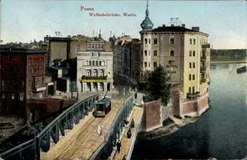 Ak Poznań Posen, Wallischeibrücke über die Warthe, Straßenbahn