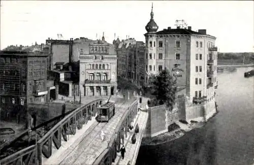 Ak Poznań Posen, Wallischeibrücke über die Warthe, Straßenbahn