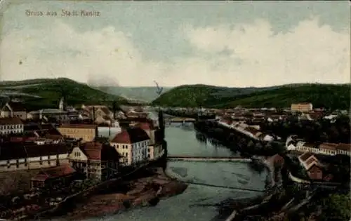 Ak Dolní Kounice Kanitz Südmähren, Farbenfrohe Ansicht von  Fluss und Landschaft, historische ...
