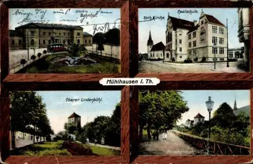 Ak Mühlhausen in Thüringen, Bahnhof, Realschule, Kath. Kirche, Oberer Lindenbühl