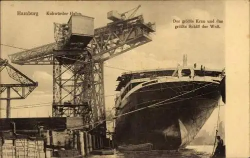 Ak Hamburg Mitte Steinwerder Kuhwerder, Hafen, Kran, Dampfer