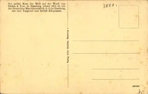Ak Hamburg Mitte Steinwerder Kuhwerder, Hafen, Kran, Dampfer