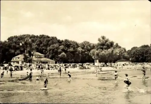 Ak Ueckermünde in Vorpommern, Strand mit Badenden, Gebäude im Hintergrund, Bäume, Sand
