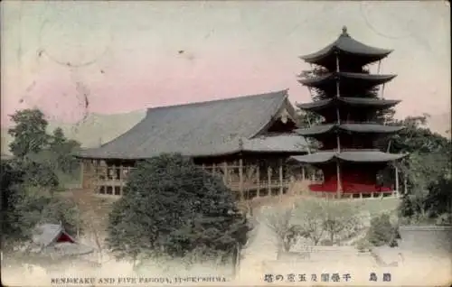 Ak Insel Itsukushima Japan, Pagode und Gebäude, senjakaku, Bäume, Farbige Darstellung